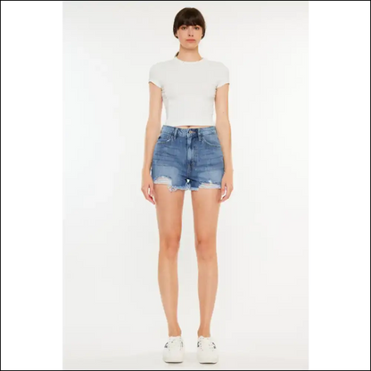 Kancan Distressed Raw Hem High Waist Denim Shorts