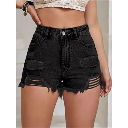 Distressed Raw Hem High Waist Denim Shorts - Black / Xs