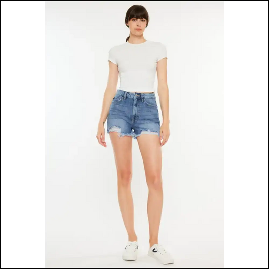 Kancan Distressed Raw Hem High Waist Denim Shorts - Medium / 1(24)