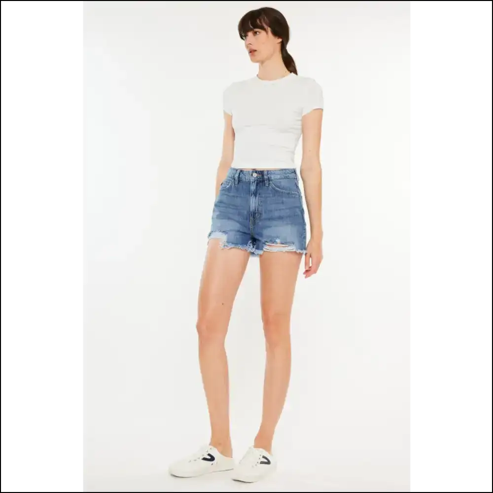 Kancan Distressed Raw Hem High Waist Denim Shorts