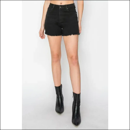 Risen High Waist Raw Hem Denim Shorts