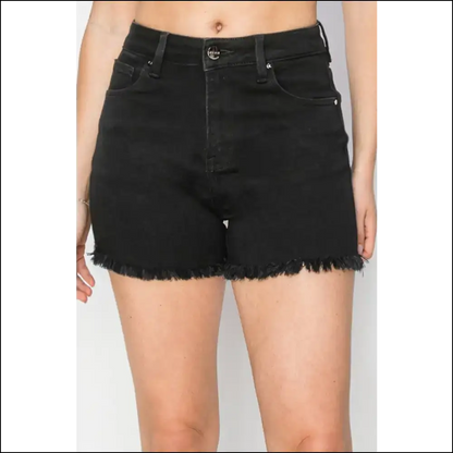 Risen High Waist Raw Hem Denim Shorts - Black / 1xl