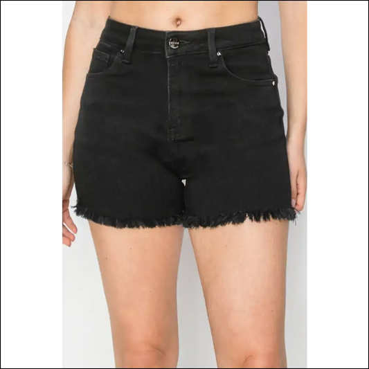 Risen High Waist Raw Hem Denim Shorts - Black / 1xl
