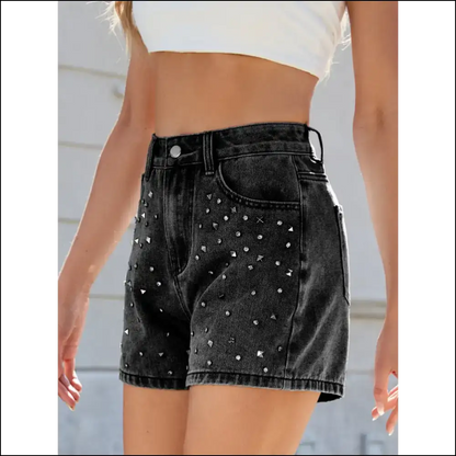 Rhinestone Washed High Waist Denim Shorts