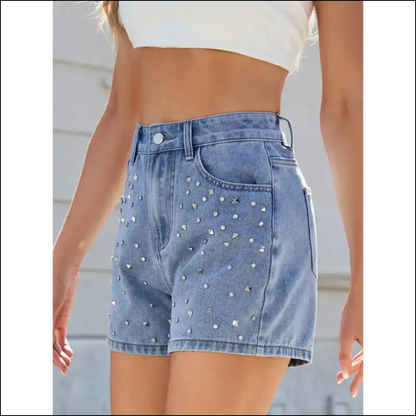 Rhinestone Washed High Waist Denim Shorts