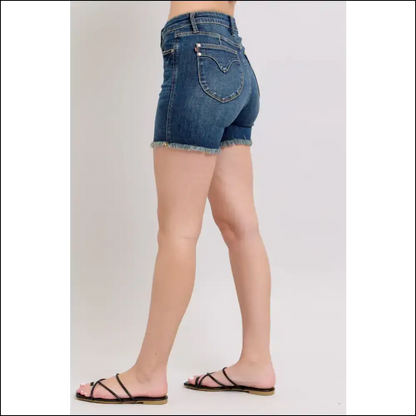 Judy Blue Tummy Control Fray Hem & Shield Back Pockets Denim Shorts