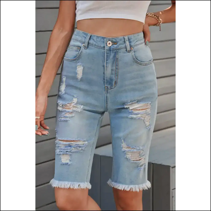 Distressed Raw Hem Denim Bermuda Shorts - Chic & Casual - Light / Xl