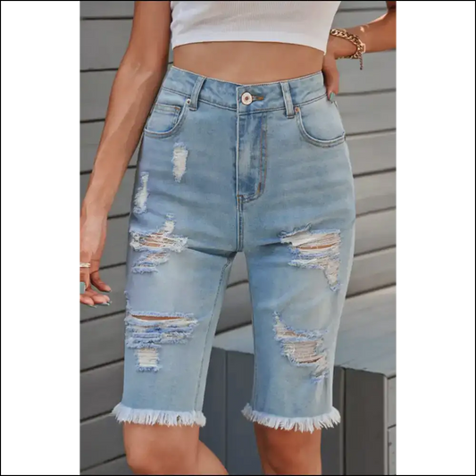 Distressed Raw Hem Denim Bermuda Shorts - Chic & Casual - Light / Xl