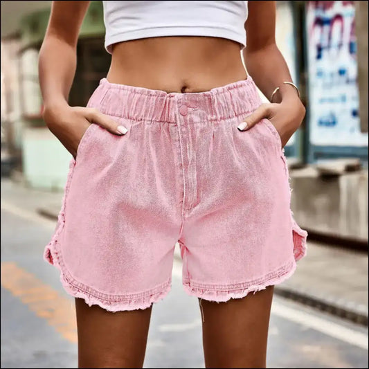Chic Elastic Waist Raw Hem Denim Shorts - Blush Pink / l