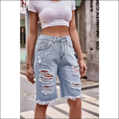 Raw Hem Distressed Denim Shorts with Pockets