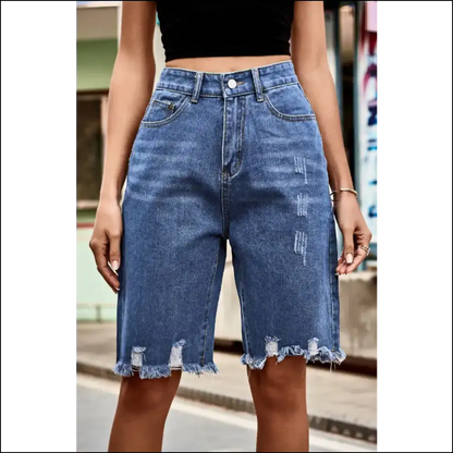 Chic Raw Hem High Waist Denim Shorts with Pockets - Medium / 2xl