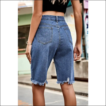 Chic Raw Hem High Waist Denim Shorts with Pockets