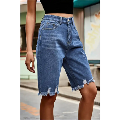 Chic Raw Hem High Waist Denim Shorts with Pockets