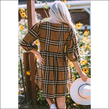 Plaid v Neck Balloon Sleeve Dress Dresses