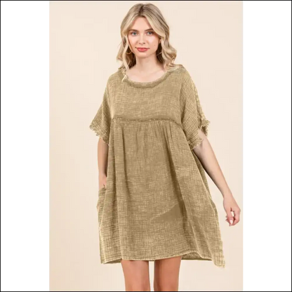 Charming Babydoll Texture Dress with Pockets - Coffee / s - Dresses