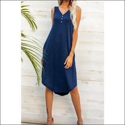 Chic Buttoned V-neck Curved Hem Sleeveless Dress - Dresses