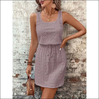 Chic Eyelet Drawstring Round Neck Sleeveless Dress - Lavender / s - Dresses