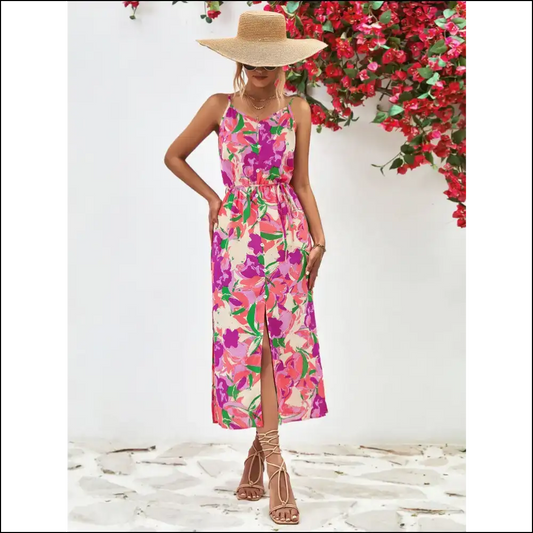 Chic Printed Spaghetti Strap Front Slit Dress - Red / m - Dresses