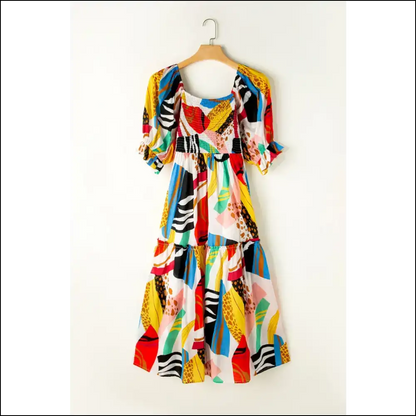 Chic Printed Square Neck Midi Dress - Yellow / s - Dresses