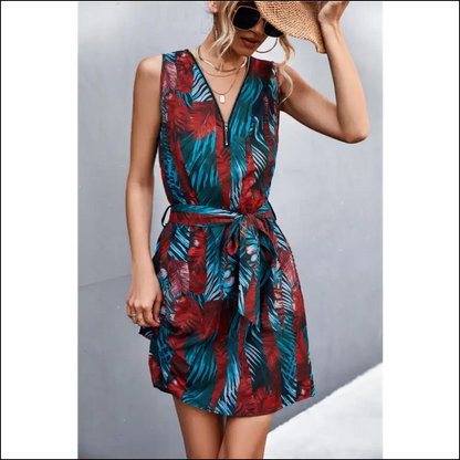 Chic Printed Zip Detail Belted Sleeveless Dress - Teal / Xl - Dresses