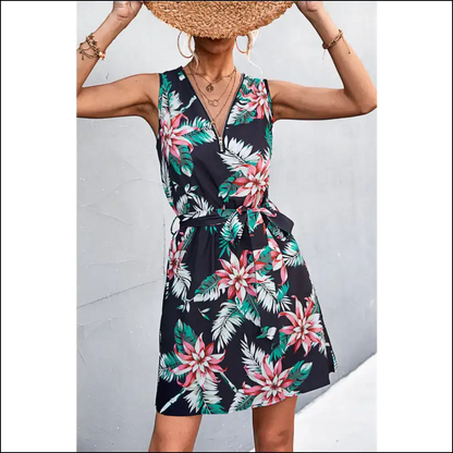 Chic Printed Zip Detail Belted Sleeveless Dress - Red / Xl - Dresses
