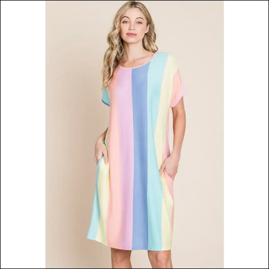 Chic Striped Short Sleeve Dress with Pockets - Stripe / Xl - Dresses