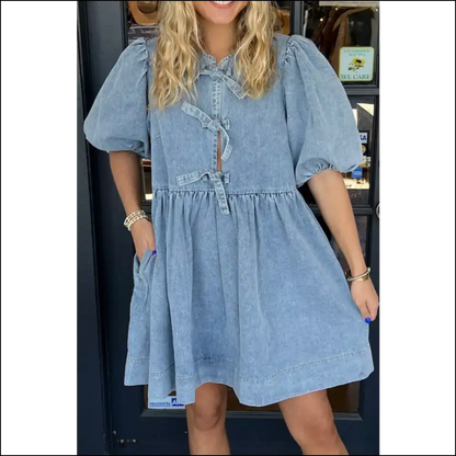 Chic Bowknot Denim Dress - Dresses