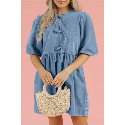 Chic Bowknot Denim Dress - Dresses