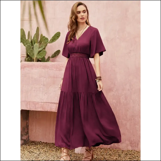 Chic Openwork V-neck Flare Sleeve Dress - Strawberry / 2xl - Dresses