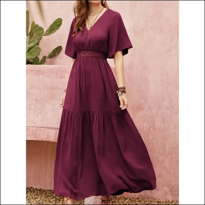 Chic Openwork V-neck Flare Sleeve Dress - Dresses
