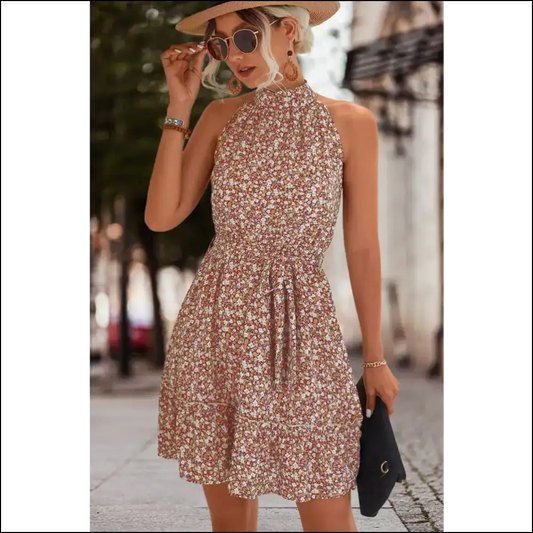 Floral Frill Trim Keyhole Sleeveless Dress - Dusty Red / Xl - Dresses