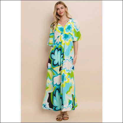 Floral Printed Slit Maxi Dress - Summer Elegance - Blue / s - Dresses