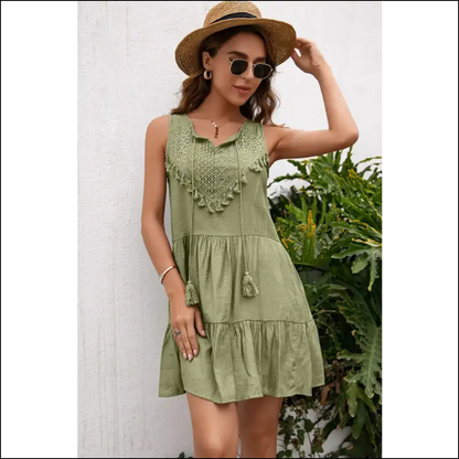 Ivy Lane Chic Lace Trim Sleeveless Dress with Tassels - Light Green / s - Dresses