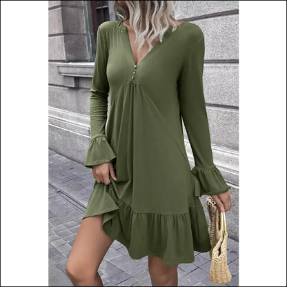 Ivy Lane V-neck Flounce Sleeve Ruffle Hem Mini Dress - Green / Xl - Dresses