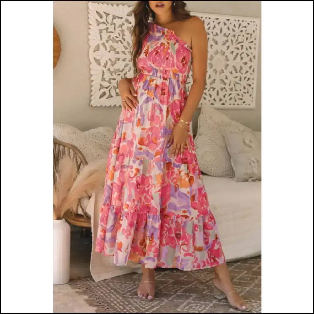 Floral Print one Shoulder Maxi Dress - Dresses