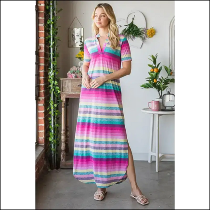 Heimish Striped Short Sleeve Maxi Tee Dress - Dresses