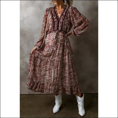 Frill Printed v Neck Midi Dress Dresses