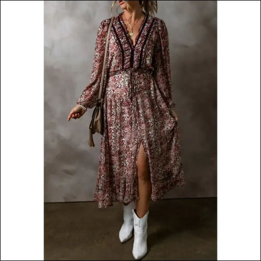 Frill Printed v Neck Midi Dress Floral / l Dresses