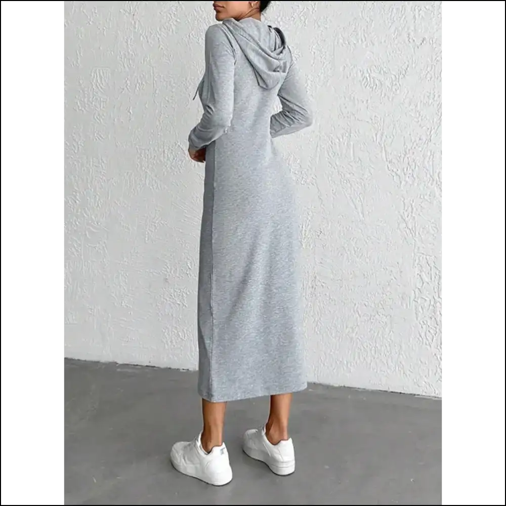 Chic & Playful Drawstring Long Sleeve Hooded Midi Dress - Dresses