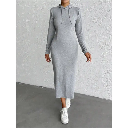 Chic & Playful Drawstring Long Sleeve Hooded Midi Dress - Gray / m - Dresses