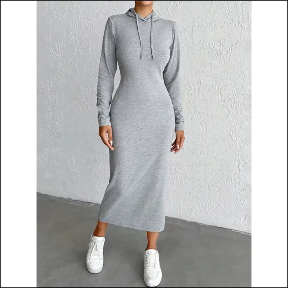 Chic & Playful Drawstring Long Sleeve Hooded Midi Dress - Dresses