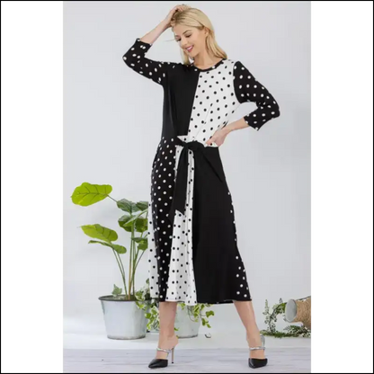 Celeste Polka Dot Front Tie Midi Dress - Black / s - Dresses
