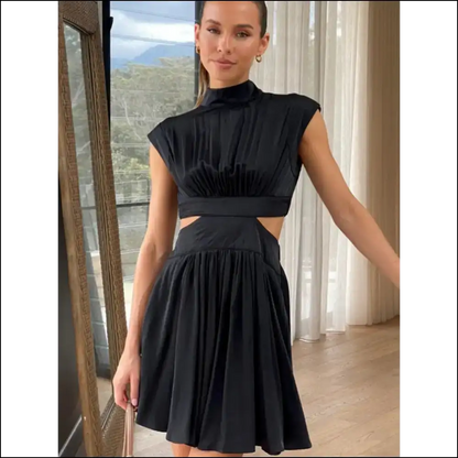 Chic Cutout Ruched Mock Neck Mini Dress - Black / m - Dresses