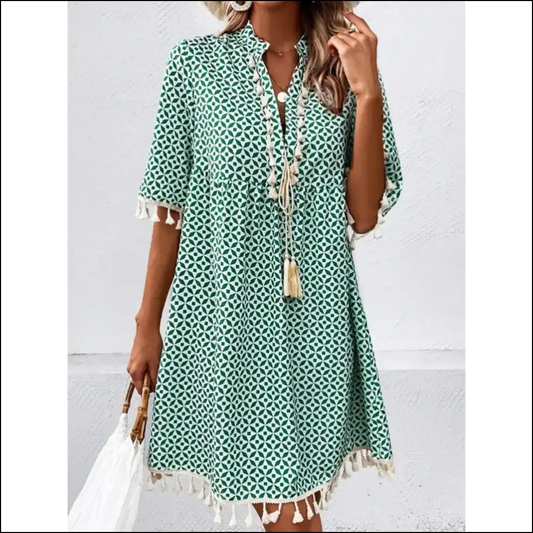 Chic Tassel Printed Notched Half Sleeve Mini Dress Turquoise / s Dresses