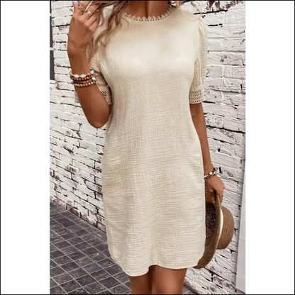 Lace Detail Round Neck Short Sleeve Mini Dress - Dresses