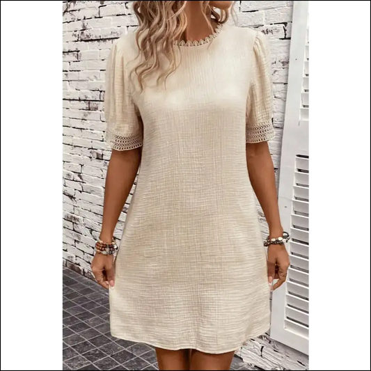 Lace Detail Round Neck Short Sleeve Mini Dress - Tan / s - Dresses