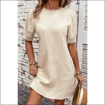 Lace Detail Round Neck Short Sleeve Mini Dress - Dresses