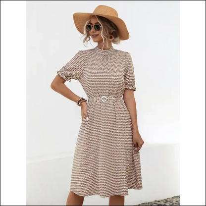 Printed Mock Neck Flounce Sleeve Dress - Camel / s - Dresses