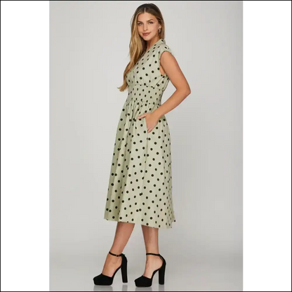 Chic Polka Dot Midi Dress with Front Zip - Dresses