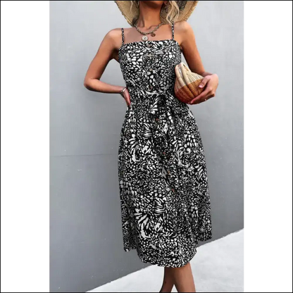 Chic Printed Spaghetti Strap Dress with Decorative Button Belt - Black / Xl - Dresses